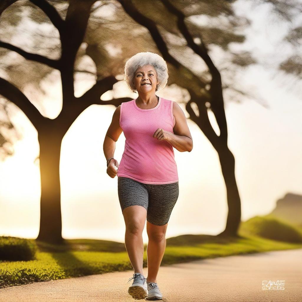 Create a cover image featuring an older adult, likely in their 60s or 70s, engaged in a fitness activity like running, weightlifting, or yoga