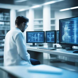 An advanced quantum computer in a futuristic lab setting, with holographic displays showing complex medical data and DNA sequences