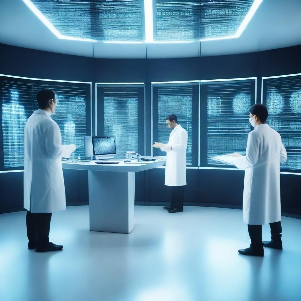 An advanced quantum computer in a futuristic lab setting, with holographic displays showing complex medical data and DNA sequences