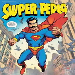 A vibrant and action-packed comic book cover featuring a superhero named Super Pedro