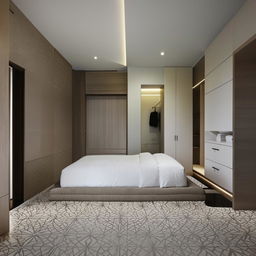 Modern style bedroom with intricately designed floor tiles and sleek walls, embodying sophistication and minimalistic elegance.