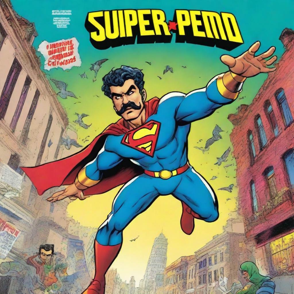 A vibrant and action-packed comic book cover featuring a superhero named Super Pedro