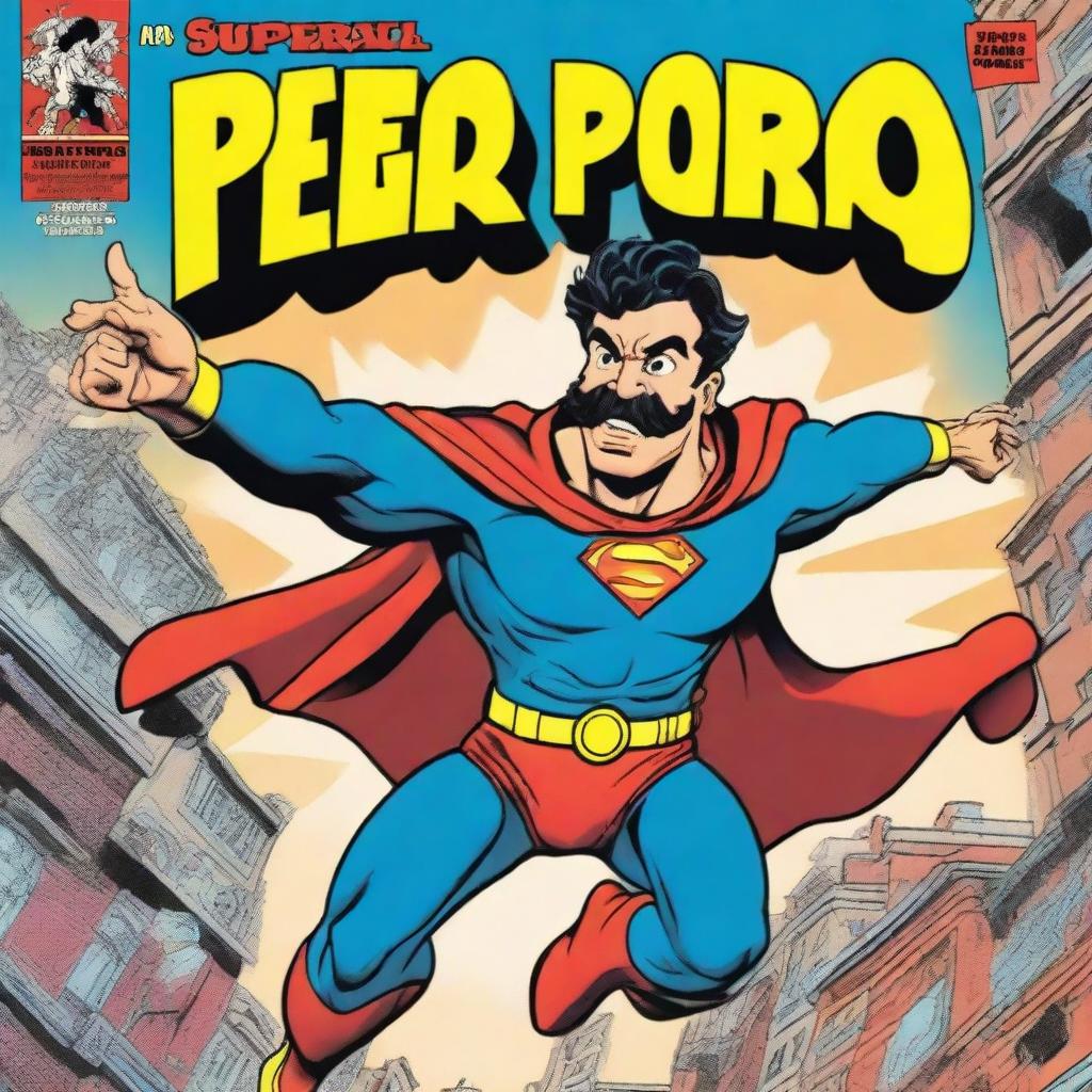 A vibrant and action-packed comic book cover featuring a superhero named Super Pedro