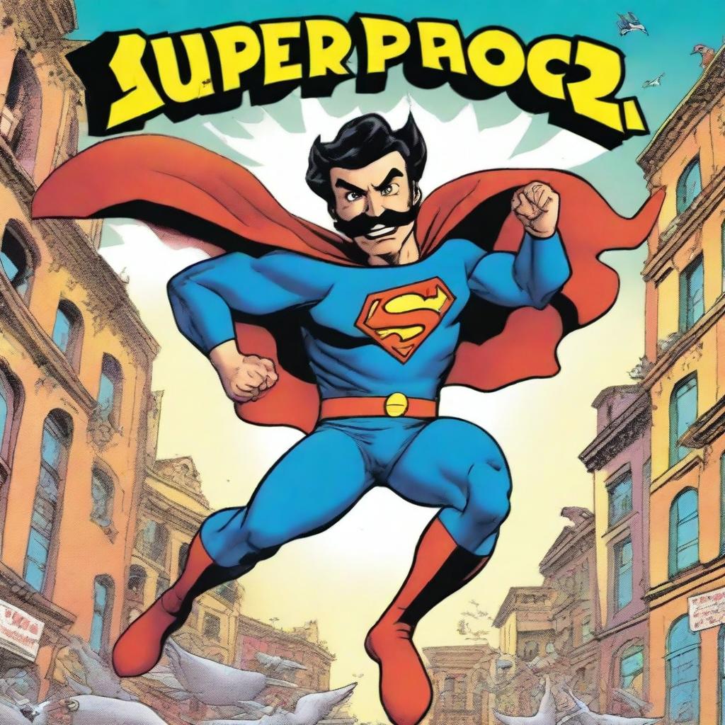 A vibrant and action-packed comic book cover featuring a superhero named Super Pedro