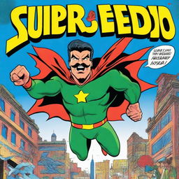 A vibrant and action-packed comic book cover featuring a superhero named Super Pedro