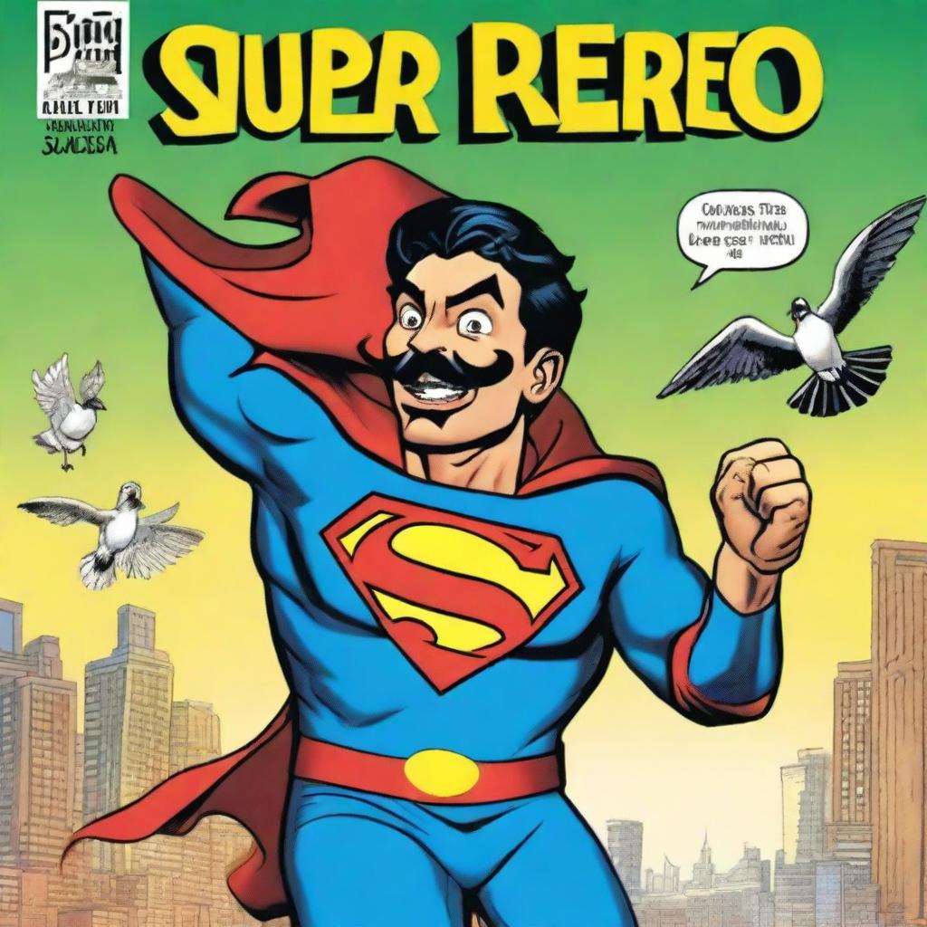 A vibrant and action-packed comic book cover featuring a superhero named Super Pedro