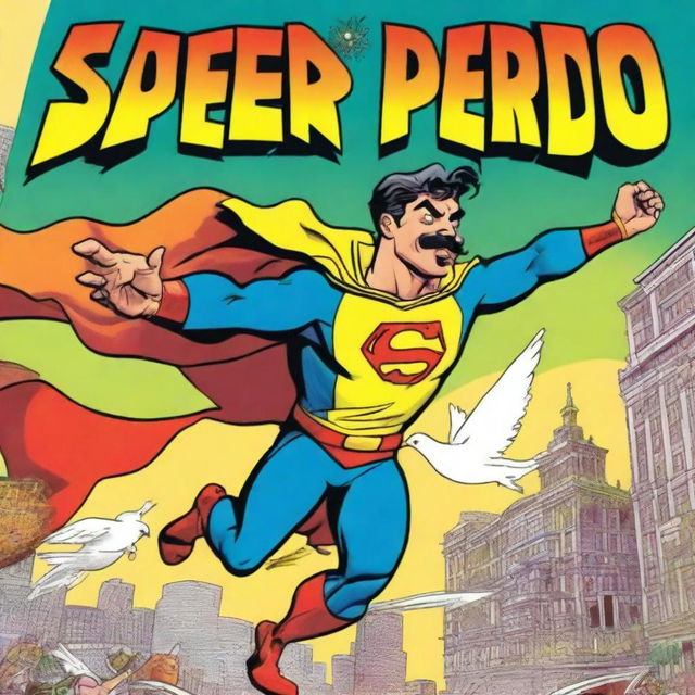 A vibrant and action-packed comic book cover featuring a superhero named Super Pedro