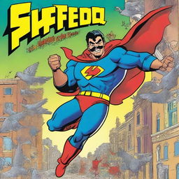 A vibrant and action-packed comic book cover featuring a superhero named Super Pedro