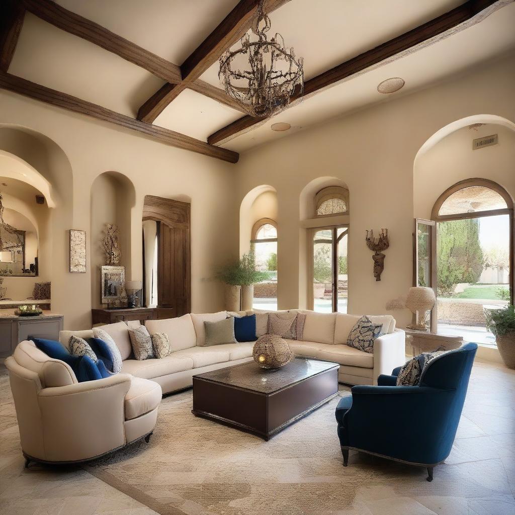 A luxurious Mediterranean-style living room designed for a family of four