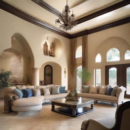 A luxurious Mediterranean-style living room designed for a family of four