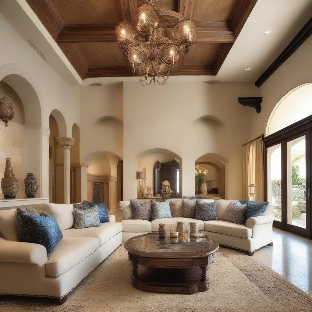 A luxurious Mediterranean-style living room designed for a family of four