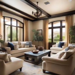 A luxurious Mediterranean-style living room remodeled in an old money style for a family of four