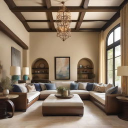 A luxurious Mediterranean-style living room remodeled in an old money style for a family of four