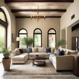 A luxurious Mediterranean-style living room remodeled in an old money style for a family of four