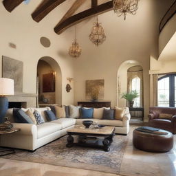 A luxurious Mediterranean-style living room remodeled in an old money style for a family of four