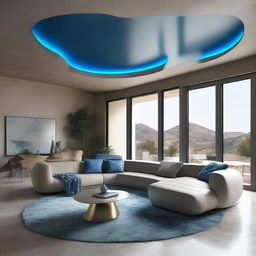 A futuristic Mediterranean-style living room designed for a family of four