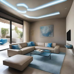 A futuristic Mediterranean-style living room designed for a family of four