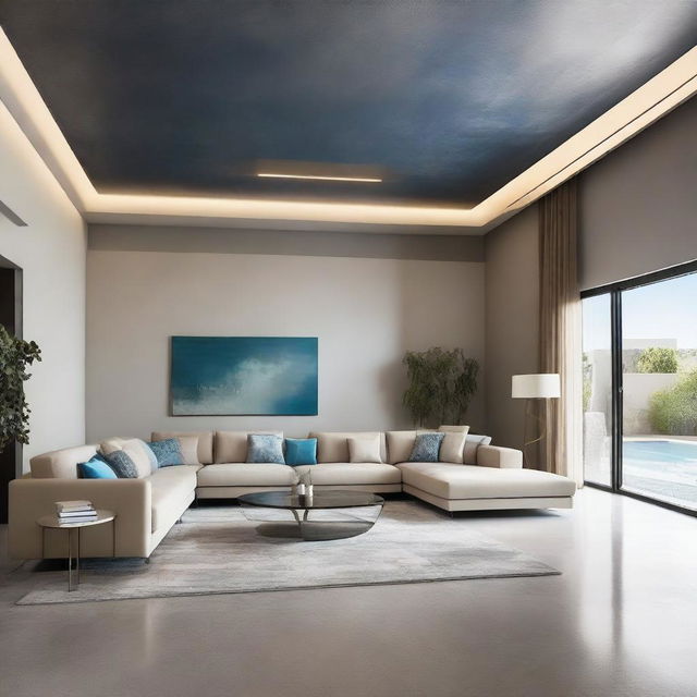 A futuristic Mediterranean-style living room designed for a family of four