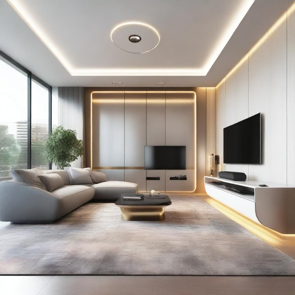 A futuristic-style living room designed for a family of four, featuring sleek lines, metallic accents, advanced technology, modular furniture, digital art displays, and smart home devices