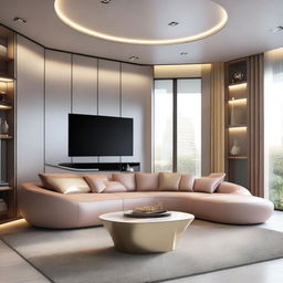 A futuristic-style living room designed for a family of four, featuring sleek lines, metallic accents, advanced technology, modular furniture, digital art displays, and smart home devices