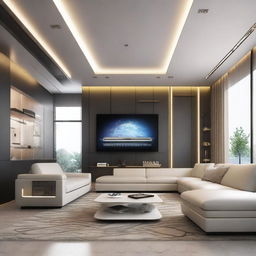 A futuristic-style living room designed for a family of four, featuring sleek lines, metallic accents, advanced technology, modular furniture, digital art displays, and smart home devices