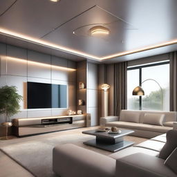 A futuristic-style living room designed for a family of four, featuring sleek lines, metallic accents, advanced technology, modular furniture, digital art displays, and smart home devices