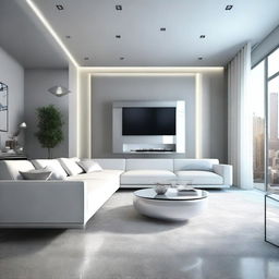 Transform the attached living room photo into a futuristic style