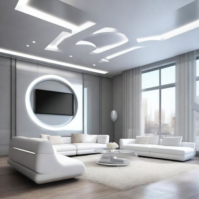 Transform the attached living room photo into a futuristic style