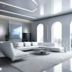 Transform the attached living room photo into a futuristic style