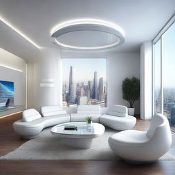 Transform the attached living room photo into a futuristic style