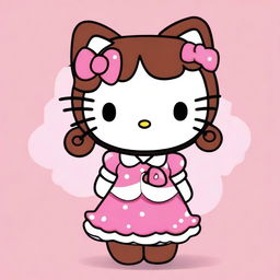 Create an image of a very cute Hello Kitty with curly brown hair. The character should look adorable and charming.