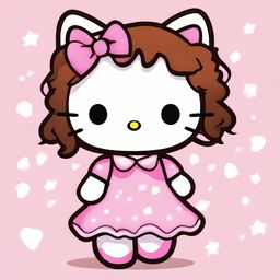 Create an image of a very cute Hello Kitty with curly brown hair. The character should look adorable and charming.