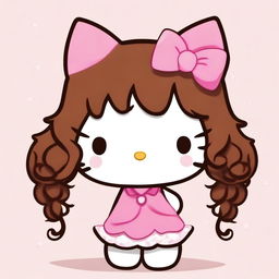 Create an image of a very cute Hello Kitty with curly brown hair. The character should look adorable and charming.