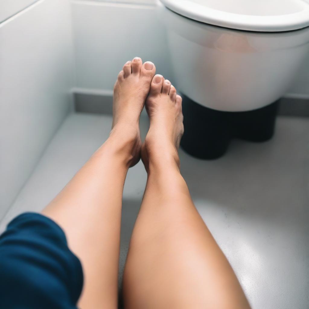 A woman's feet and navy blue pants are visible, along with her black underwear