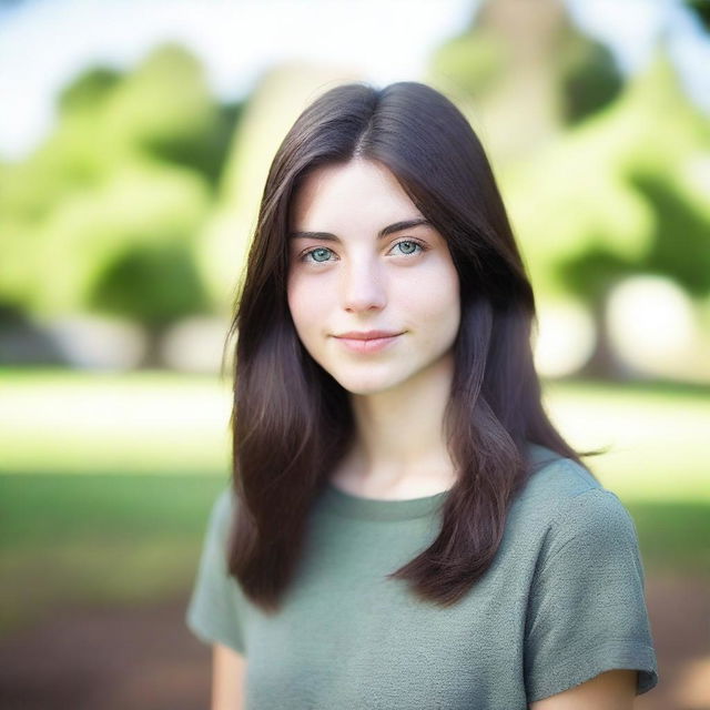 A young woman who is 18 years old with dark hair and green eyes