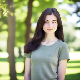 A young woman who is 18 years old with dark hair and green eyes