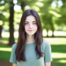 A young woman who is 18 years old with dark hair and green eyes