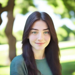 A young woman who is 18 years old with dark hair and green eyes