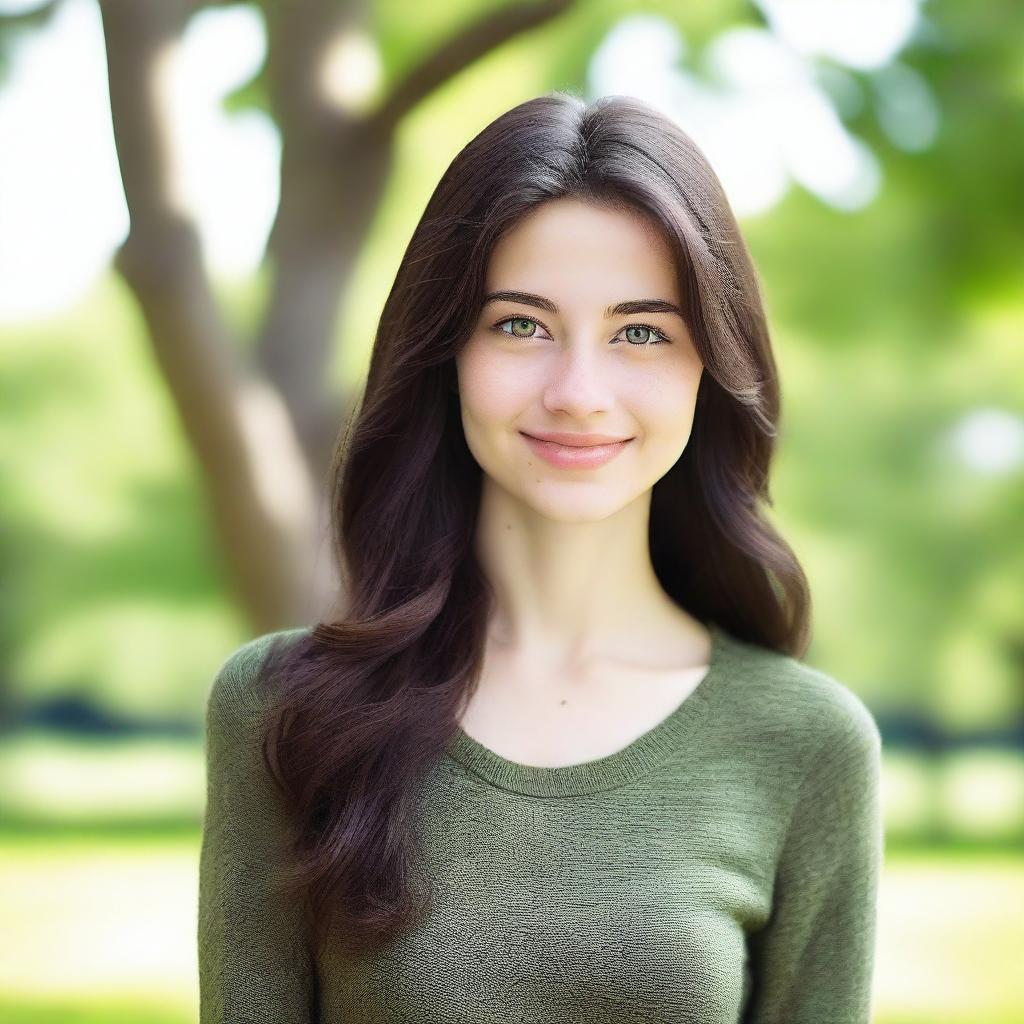 A cute young woman who is 18 years old with dark hair and green eyes