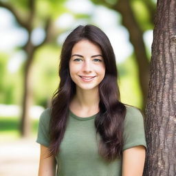 A cute young woman who is 18 years old with dark hair and green eyes