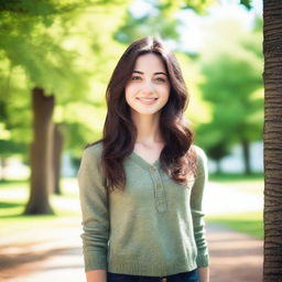 A cute young woman who is 18 years old with dark hair and green eyes