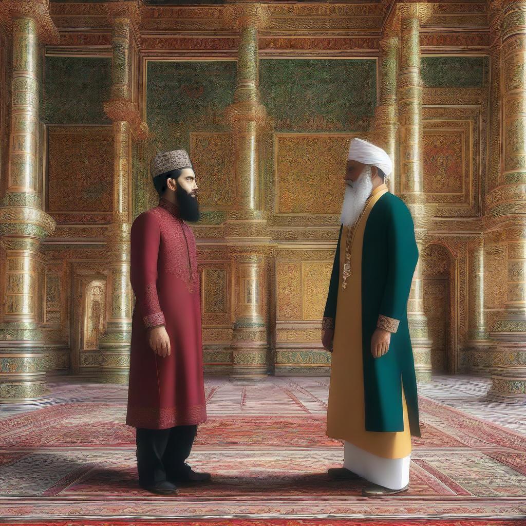 An AI-generated image featuring a Shahazadi and a Shahzada looking at each other from opposite directions