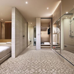 Modern style bedroom with intricately designed floor tiles and sleek walls, embodying sophistication and minimalistic elegance.