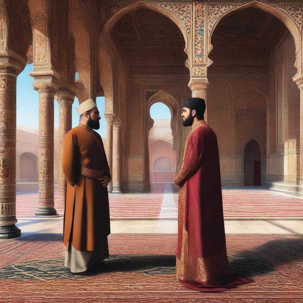 An AI-generated image featuring a Shahazadi and a Shahzada looking at each other from opposite directions