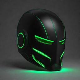 Design a super hero helmet that merges black color with green neon stripes, inspired by the Indian demi-god, Mercury, which represents the planet