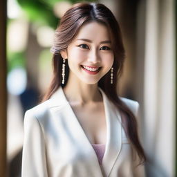 A Japanese woman with a beautiful smile, elegant eyes, and long hair