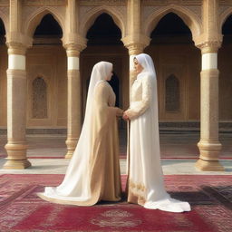 An image featuring a beautiful hijab-wearing Shahazadi and a strong Shahzada looking at each other from opposite directions