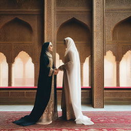 An image featuring a beautiful hijab-wearing Shahazadi and a strong Shahzada looking at each other from opposite directions