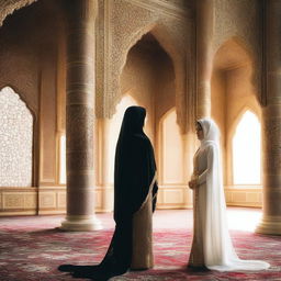 An image featuring a beautiful hijab-wearing Shahazadi and a strong Shahzada looking at each other from opposite directions