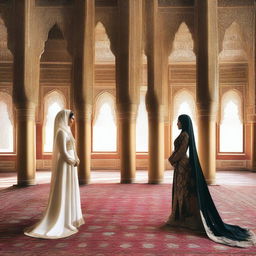 An image featuring a beautiful hijab-wearing Shahazadi and a strong Shahzada looking at each other from opposite directions